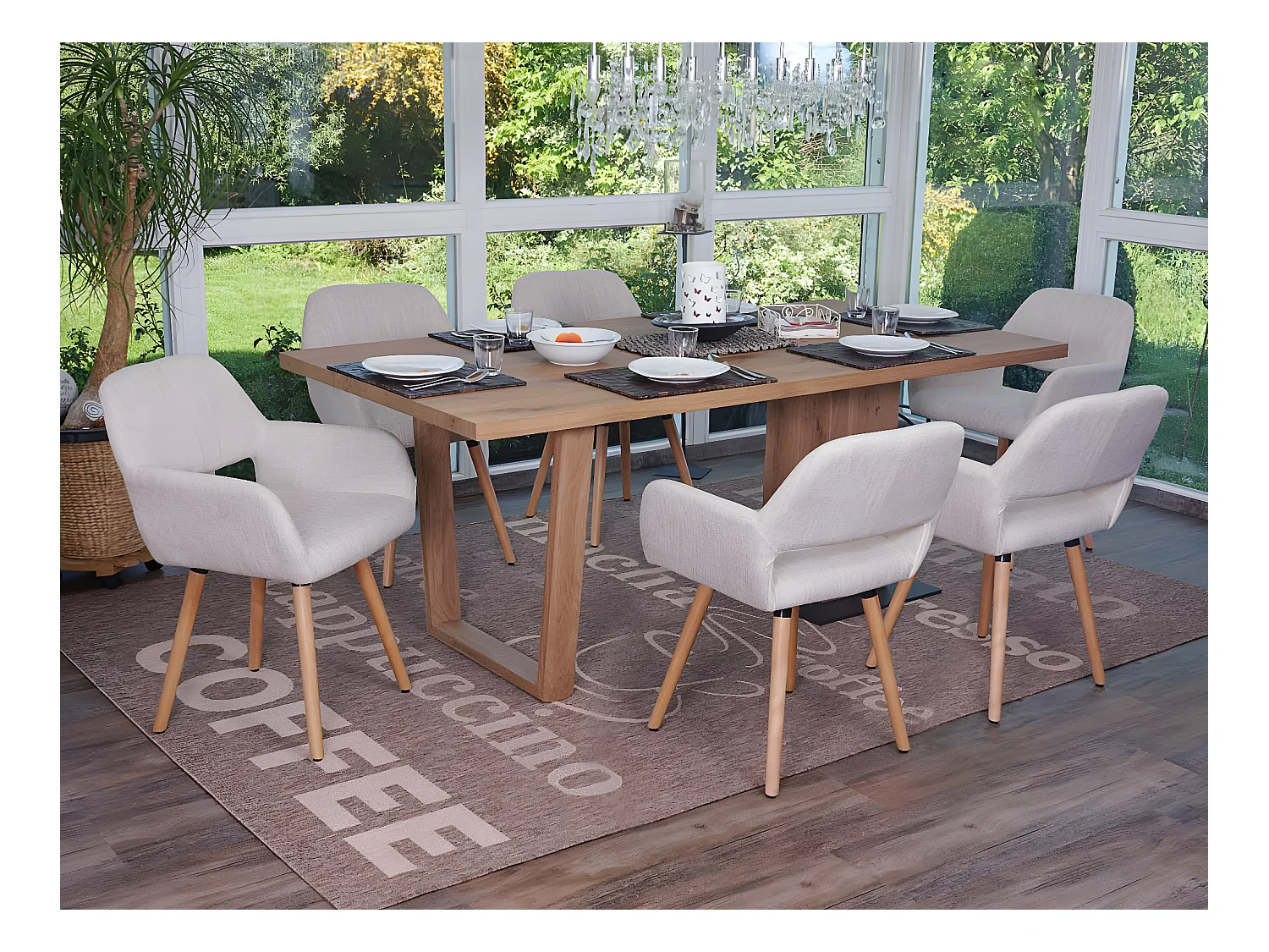 Eetkamerstoel MCW-A50 II (set van 6),  textiel, crème/grijs, lichte poten
