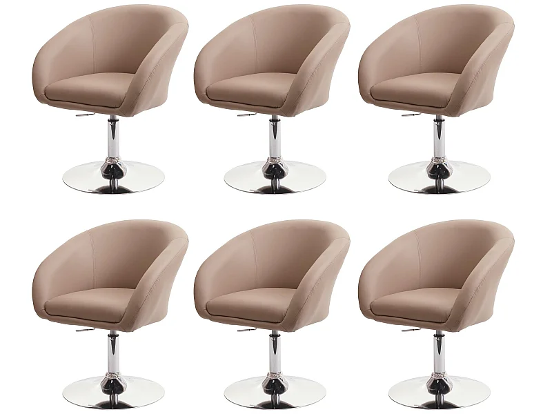 Set 6x sedie poltroncine lounge girevoli MCW-F19 metallo cromato ecopelle marrone beige