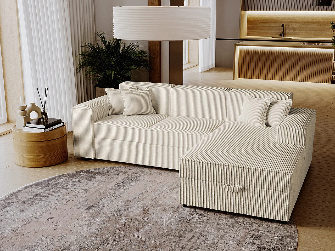 Canapé d'angle Clovis 116, Brun clair, Fonction de couchage, Boîte de literie, 253x166cm