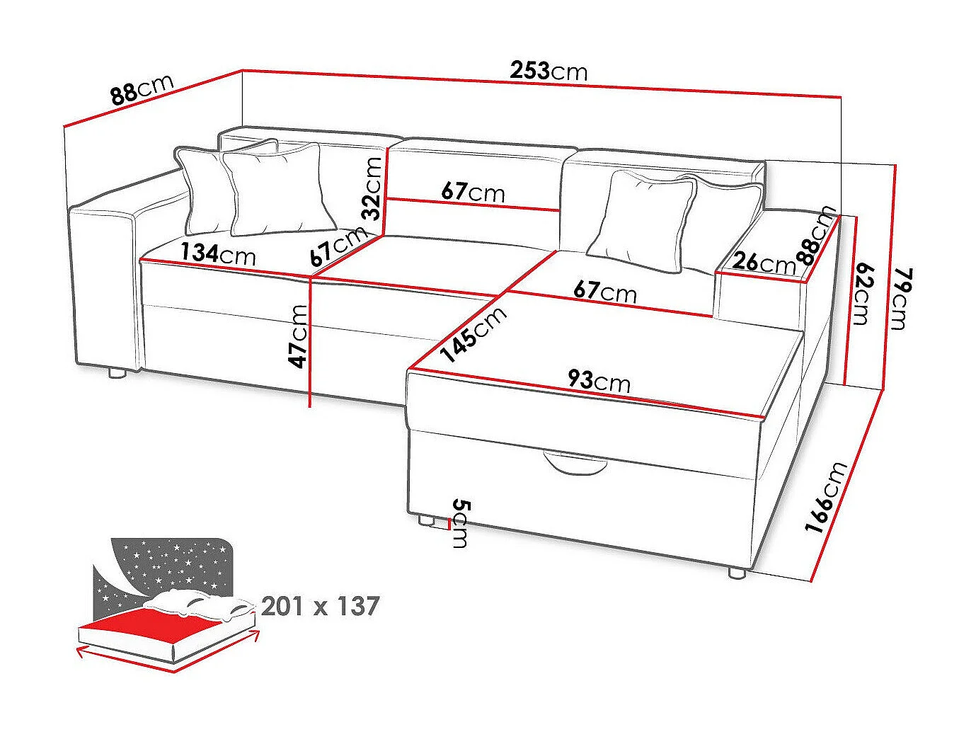 Canapé d'angle Clovis 116, Brun clair, Fonction de couchage, Boîte de literie, 253x166cm