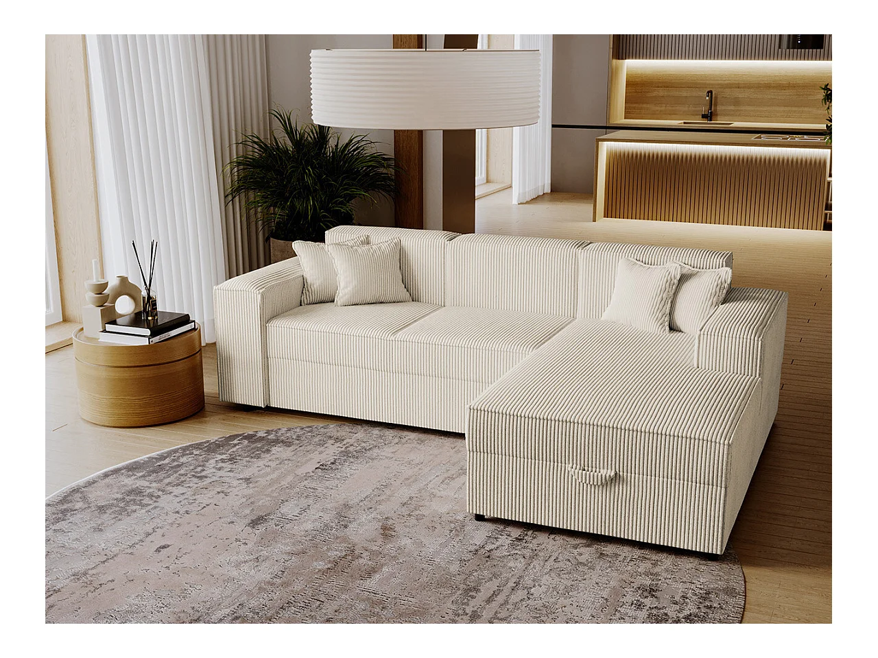 Canapé d'angle Clovis 116, Brun clair, Fonction de couchage, Boîte de literie, 253x166cm