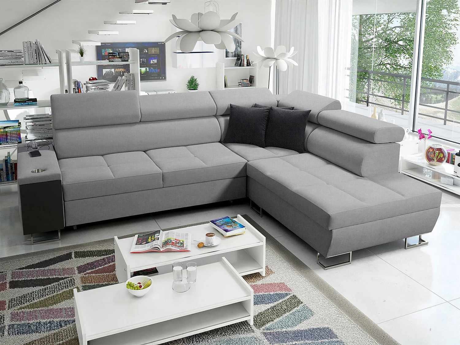 Canapé d'angle Pearland 115, Gris, Fonction de couchage, Boîte de literie, 283x221x84cm
