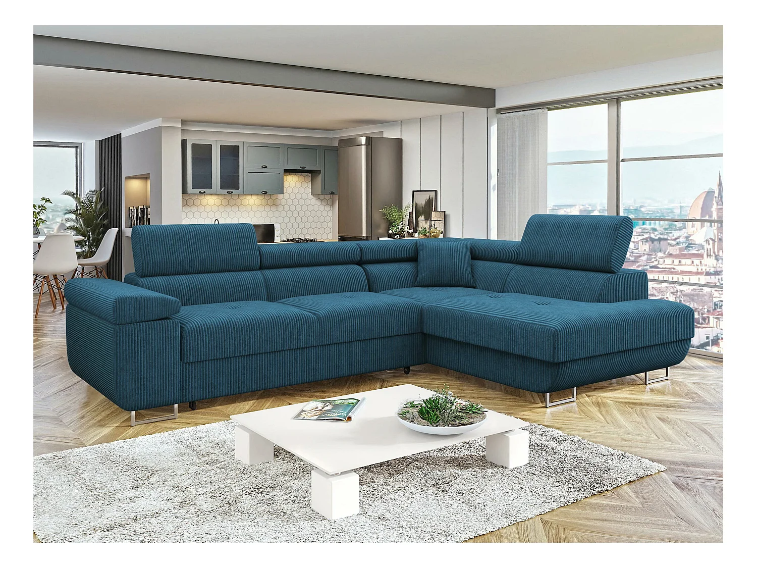 Canapé d'angle Comfivo Eliferu 100, Bleu, Fonction de couchage, Boîte de literie, 274cm