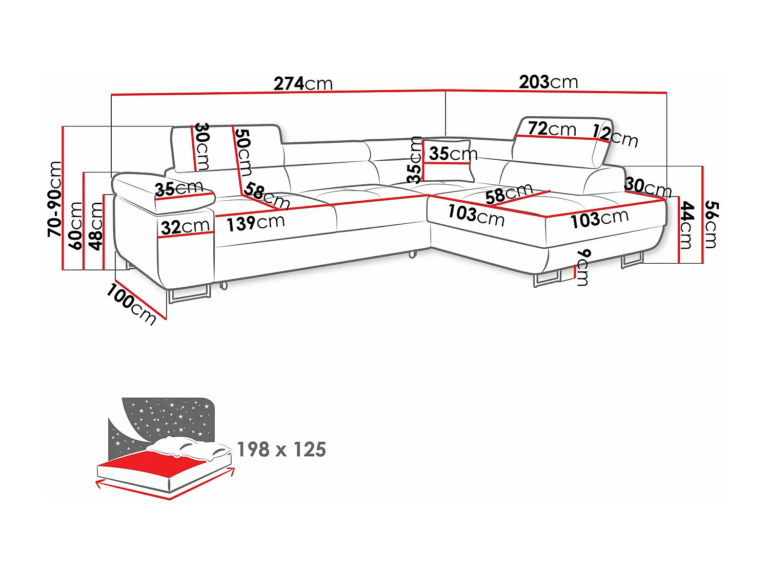 Sofá rinconero Comfivo Eliferu 100, Azul, Función de descanso, Almacenaje, 274x203x70cm