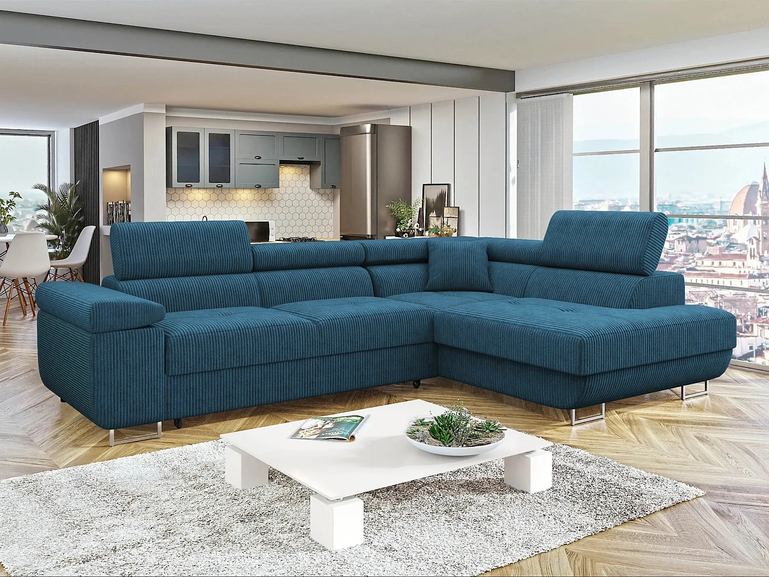 Canapé d'angle convertible 3 places en tissu bleu 274x203x70 cm