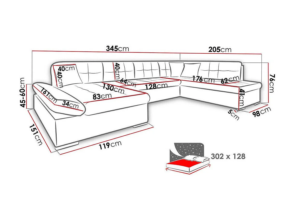 Sofá rinconero Comfivo 173, Blanco, Función de descanso, Almacenaje, 345x205x76cm