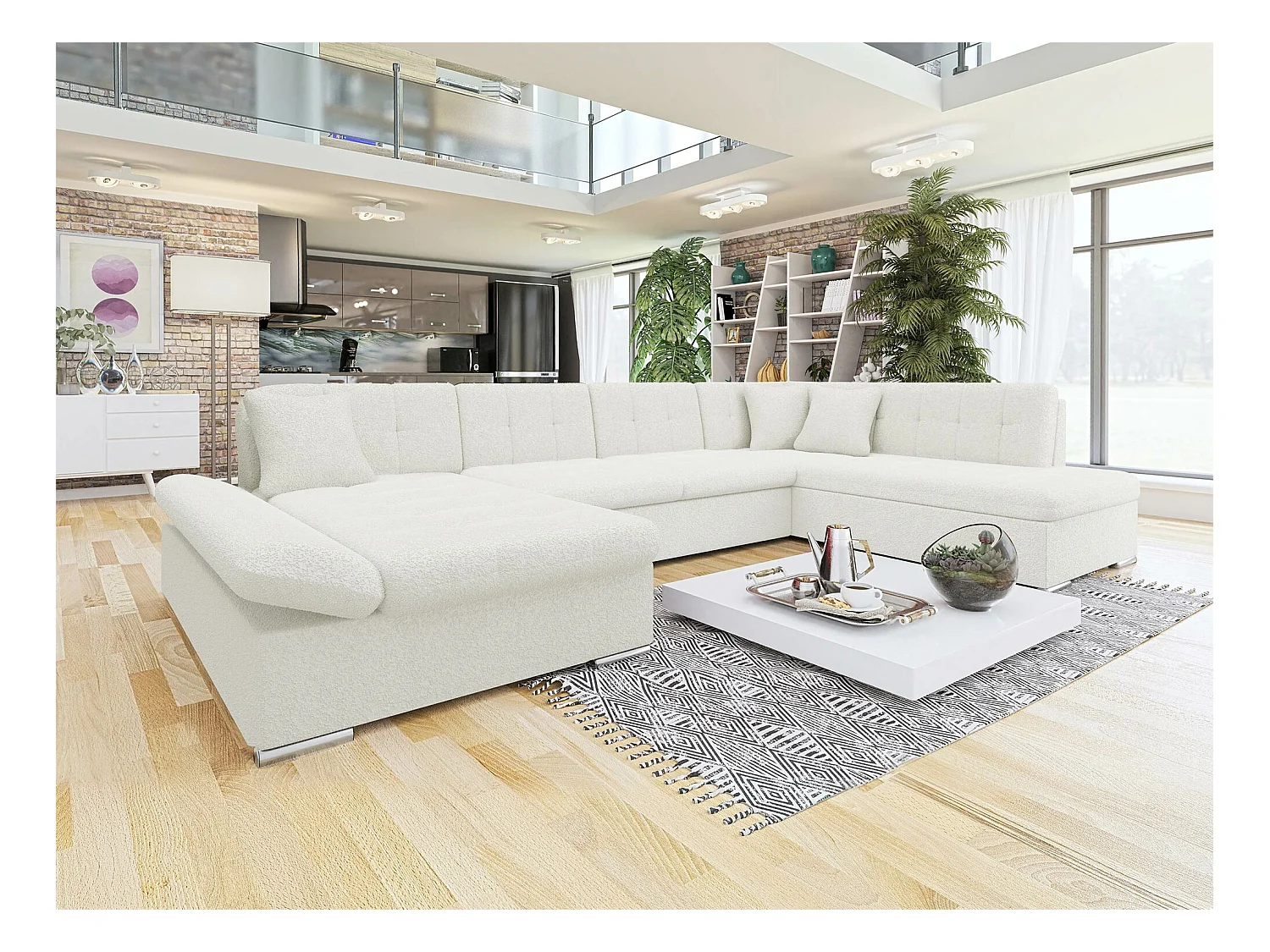 Canapé d'angle Comfivo 173, Blanc, Fonction de couchage, Boîte de literie, 345x205x76cm
