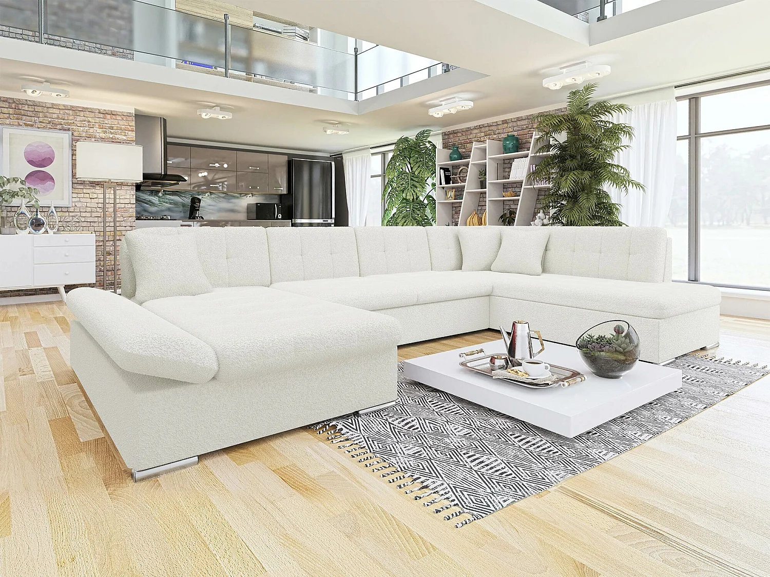 Sofá rinconero Comfivo Tilia II, Blanco, Función de descanso, Almacenaje, 345x205x76cm