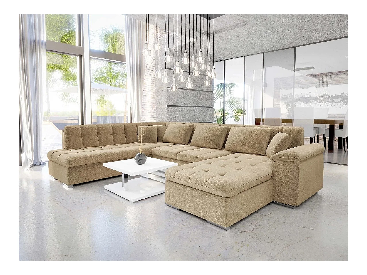 Canapé d'angle Comfivo 170, Brun clair, Fonction de couchage, Boîte de literie, 348x205cm