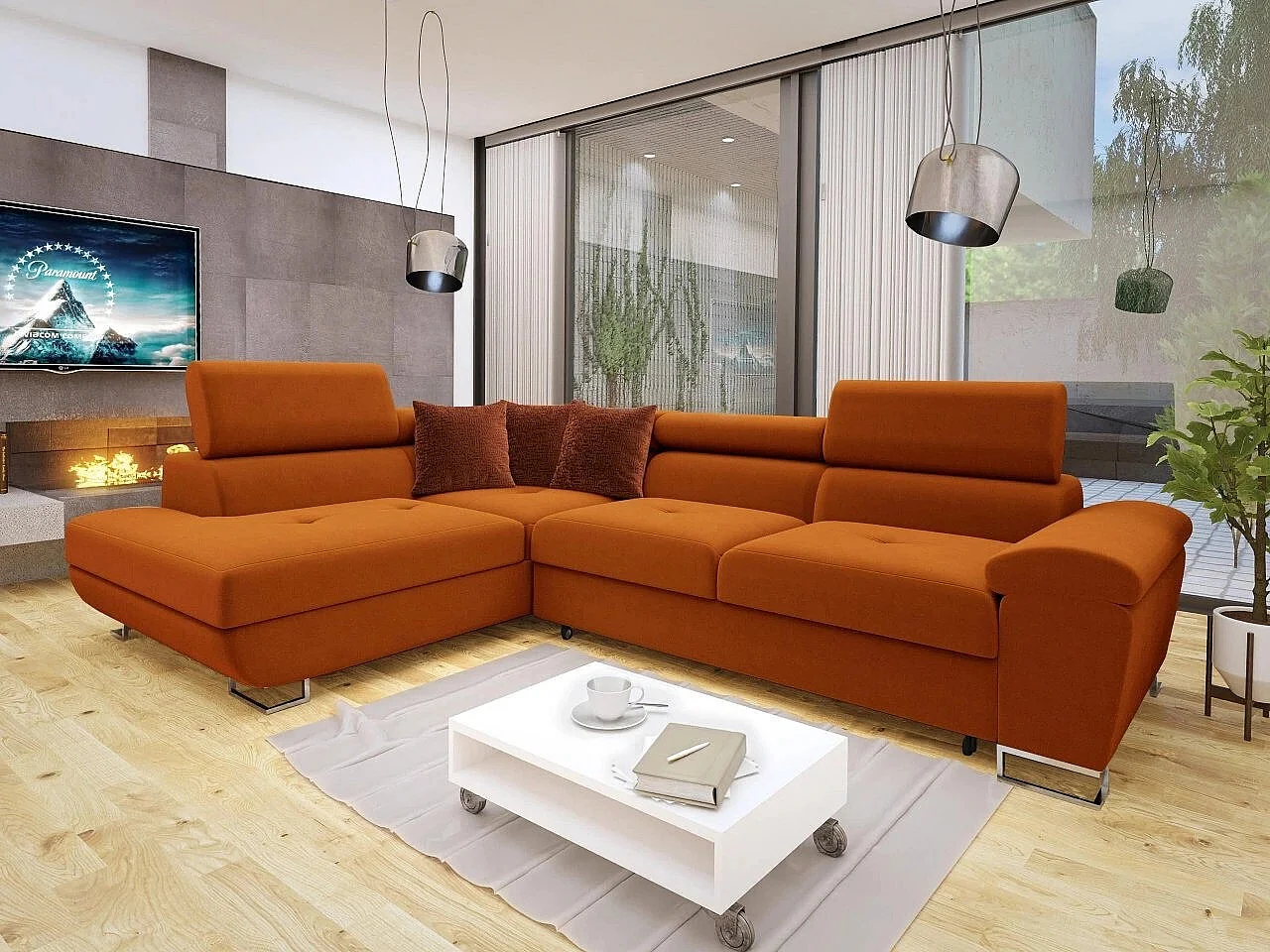 Sofá rinconero Comfivo 290, Rojo, Función de descanso, Almacenaje, 270x202x71cm