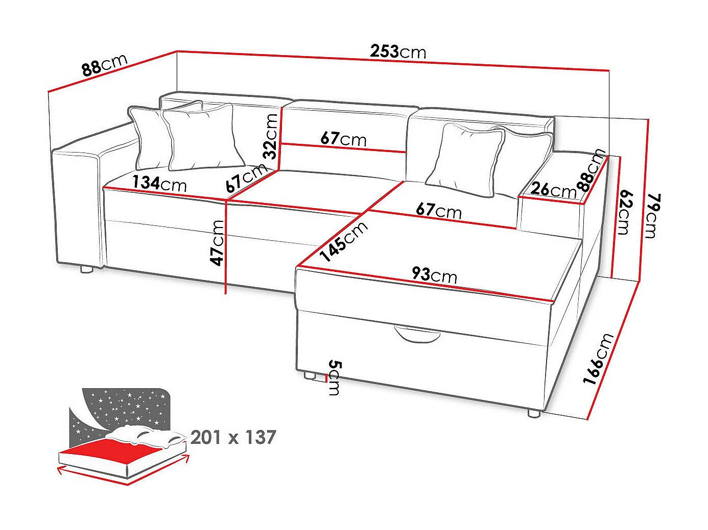 Canapé d'angle Clovis 116, Brun clair, Fonction de couchage, Boîte de literie, 253x166cm