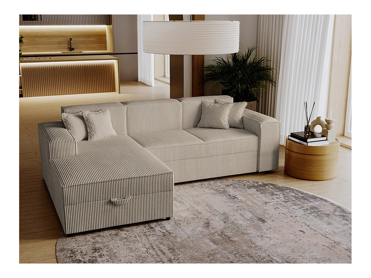 Canapé d'angle Clovis 116, Brun clair, Fonction de couchage, Boîte de literie, 253x166cm