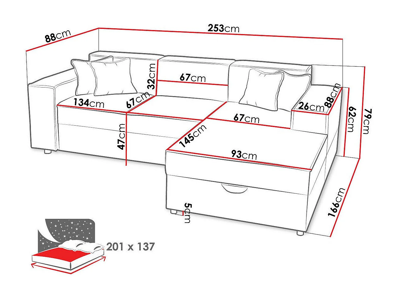 Canapé d'angle Clovis 116, Brun clair, Fonction de couchage, Boîte de literie, 253x166cm
