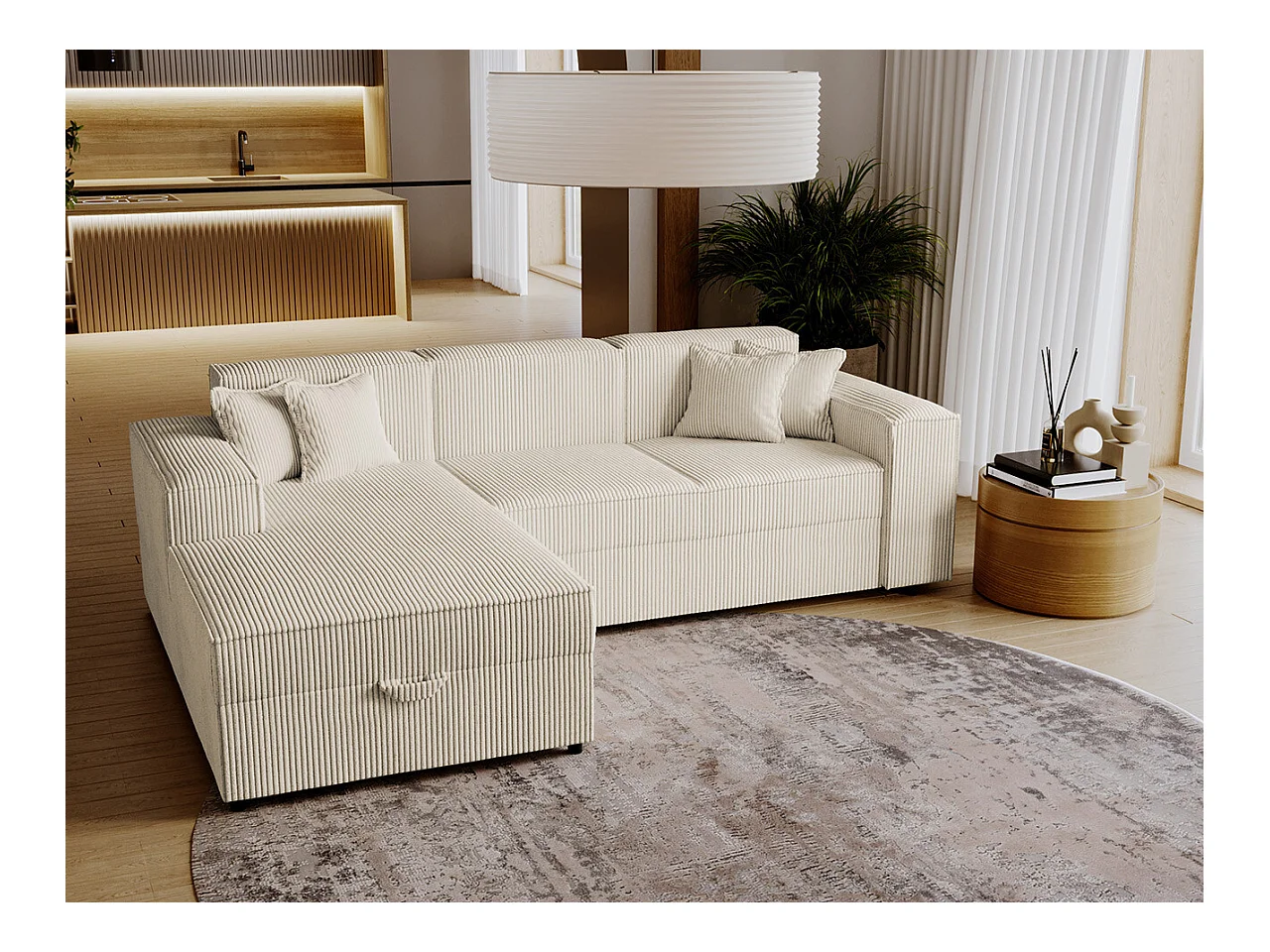 Canapé d'angle Clovis 116, Brun clair, Fonction de couchage, Boîte de literie, 253x166cm