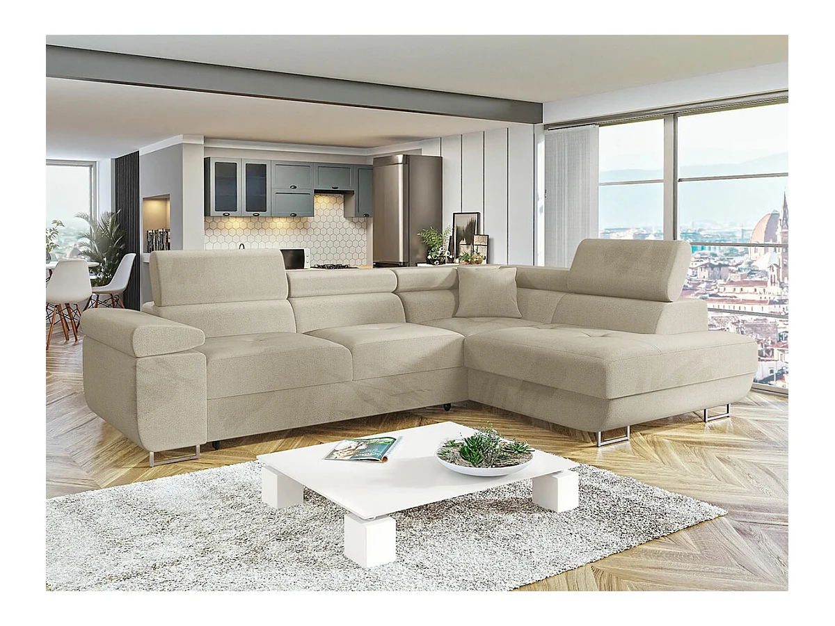 Canapé d'angle Comfivo Eliferu 100, Brun clair, Fonction de couchage, Boîte de literie,