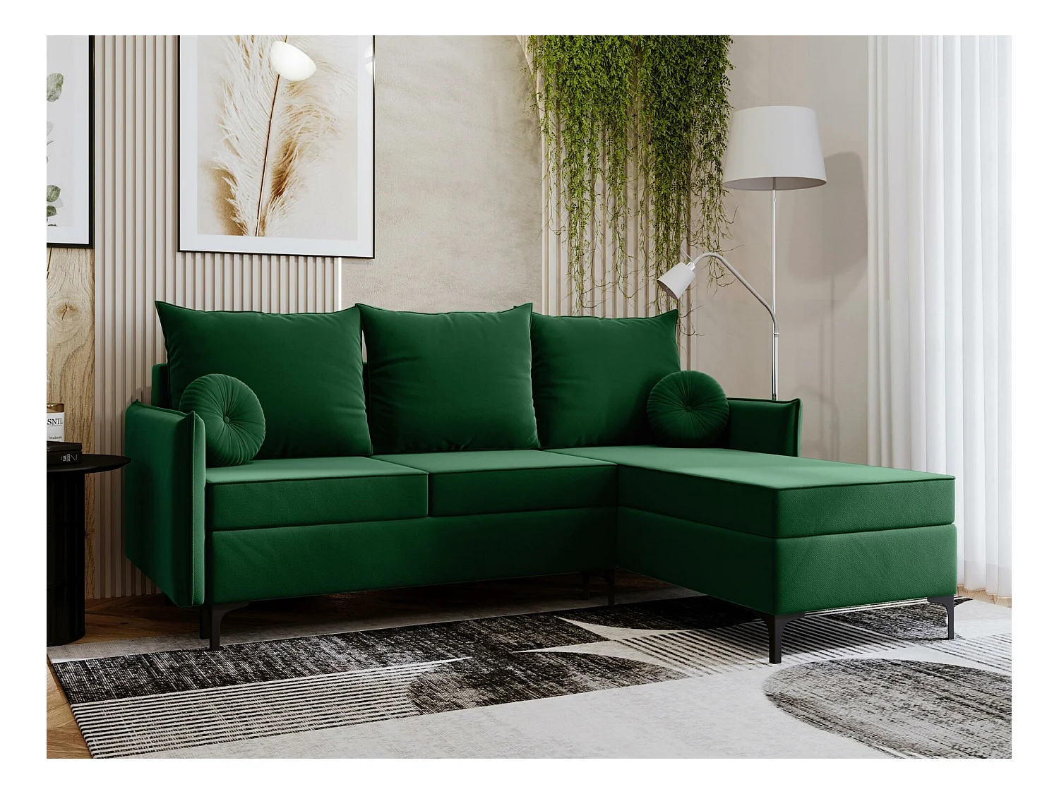 Sofá rinconero Clovis 112, Verde, Función de descanso, Almacenaje, 213x168x101cm