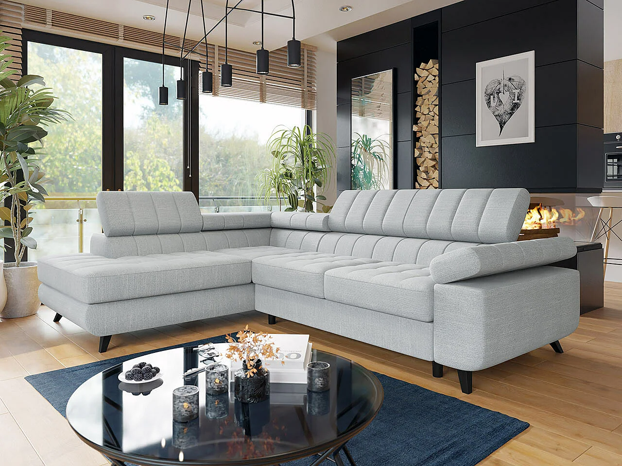 Canapé d'angle Comfivo 207, Gris, Fonction de couchage, Boîte de literie, 264x203x73cm