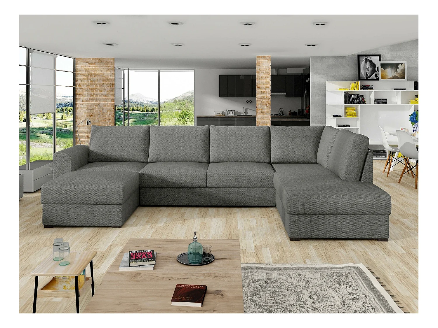 Canapé d'angle Comfivo 189, Gris, Fonction de couchage, Boîte de literie, 305x188x85cm
