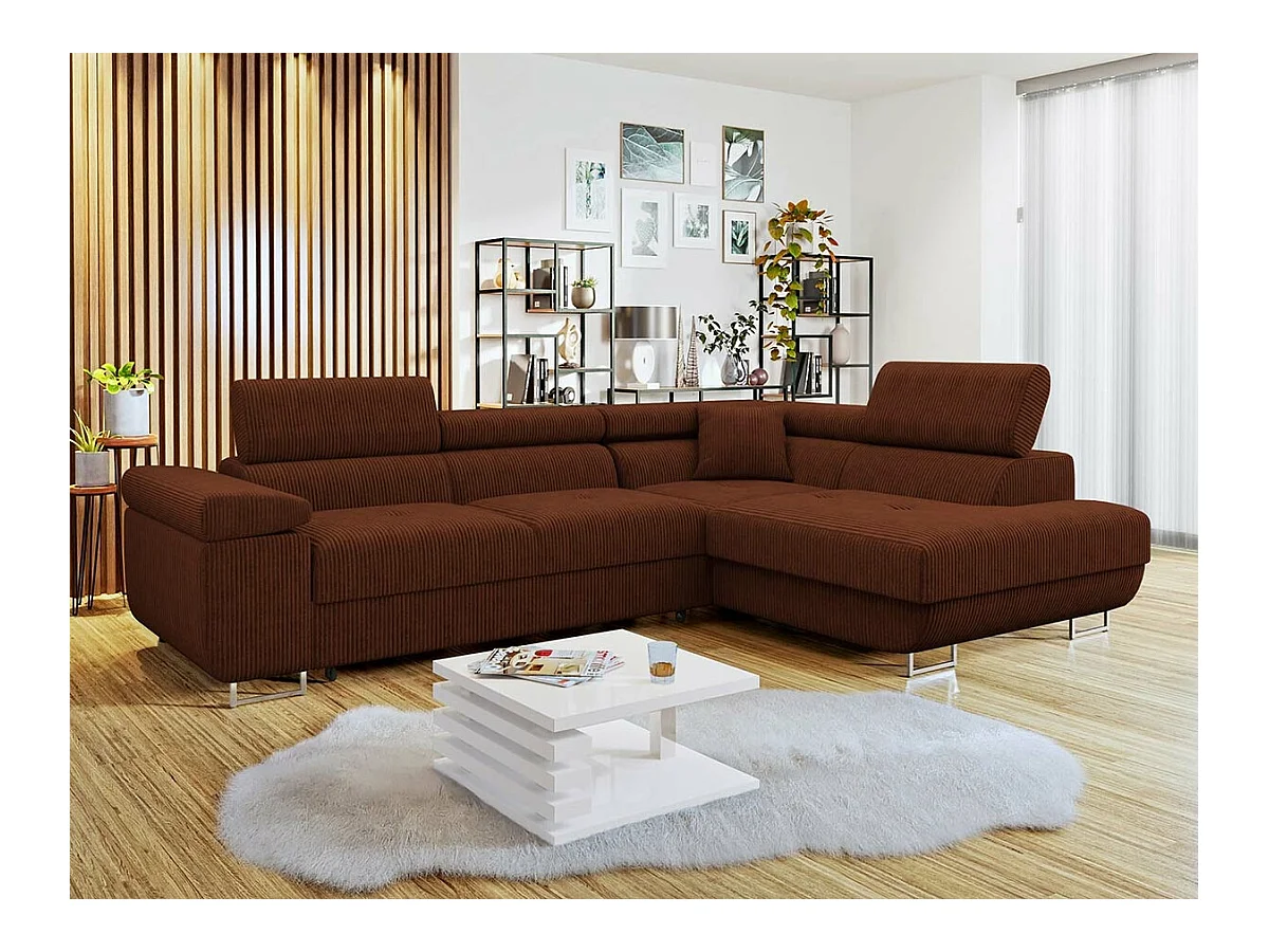 Canapé d'angle Comfivo Eliferu 100, Marron, Fonction de couchage, Boîte de literie, 274cm