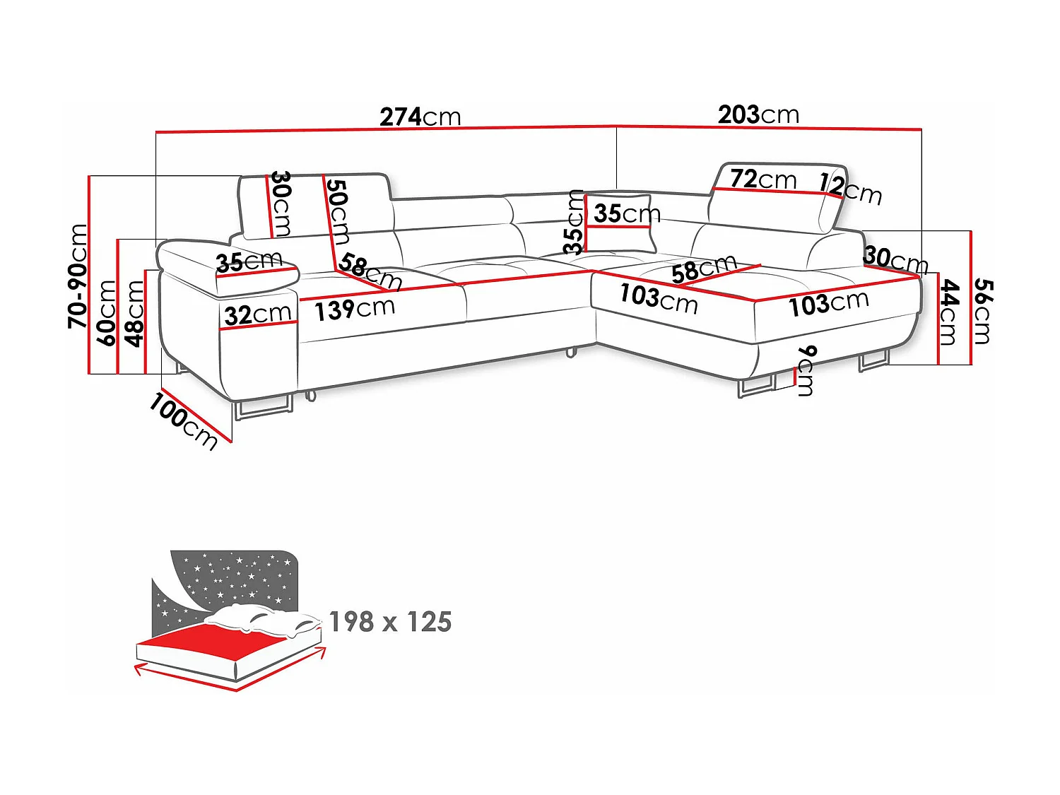 Sofá rinconero Comfivo Eliferu 100, Marrón, Función de descanso, Almacenaje, 274x203x70cm