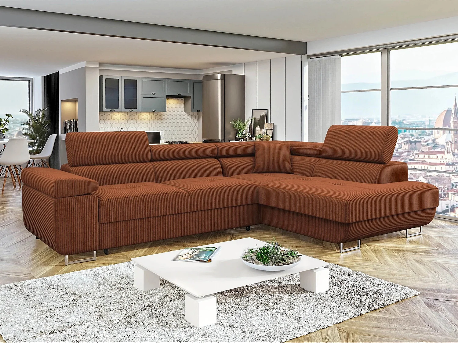 Canapé d'angle convertible 3 places en tissu marron 274x203x70 cm