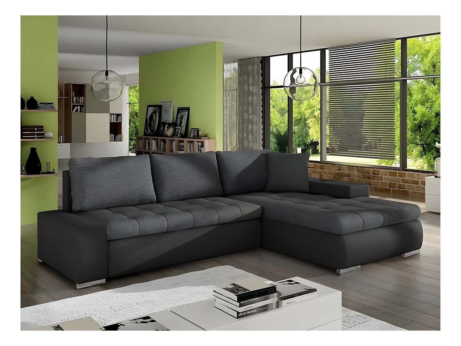 Canapé d'angle Comfivo 119, Noir, Fonction de couchage, Boîte de literie, 265x185x85cm
