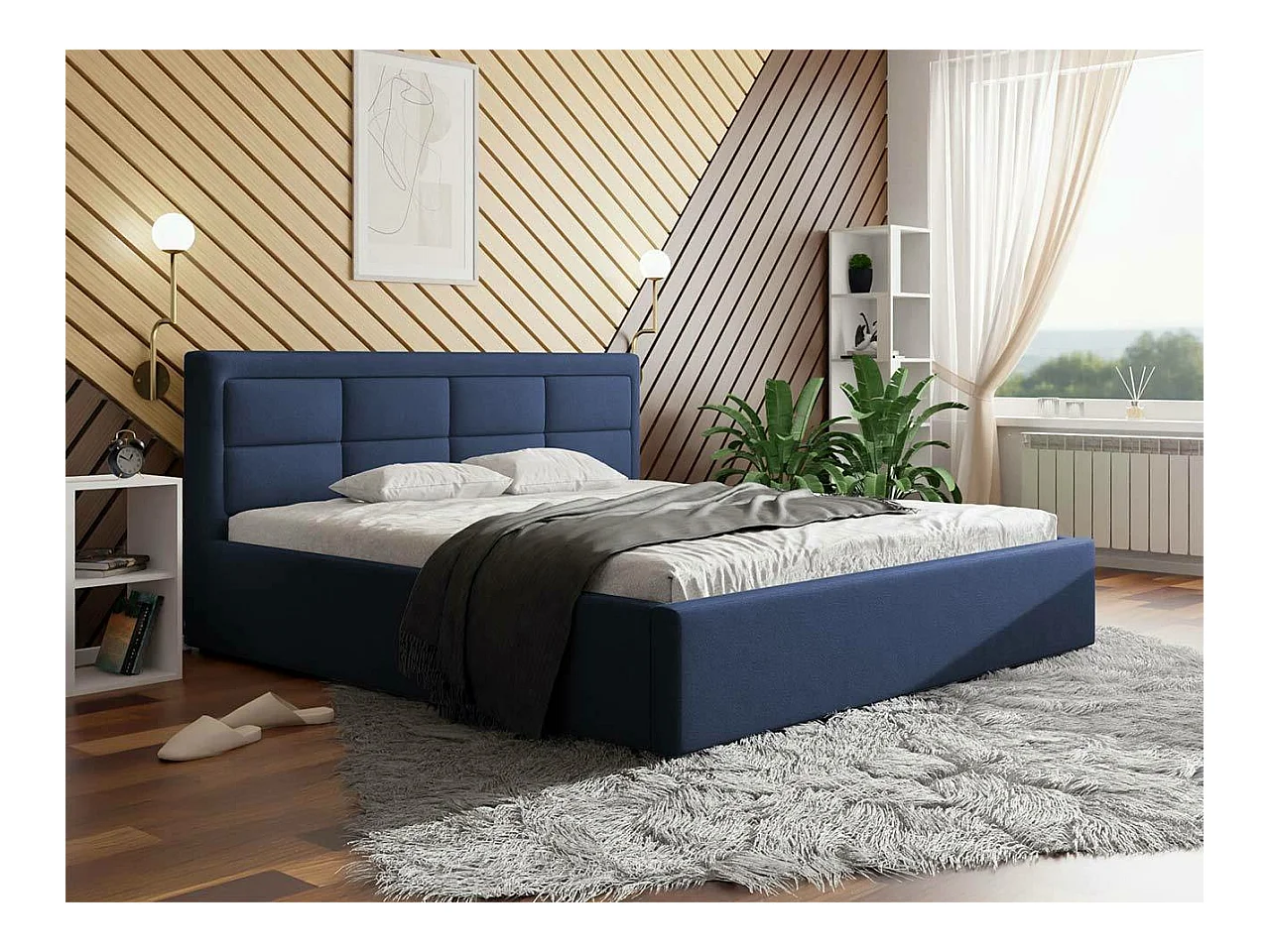 Letto Pomona 103, Doppio, Blu, 140x200, Arazzo, Con, 160x223x93cm