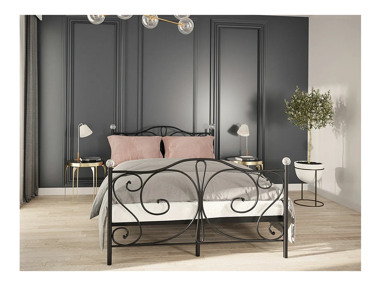 Lit Elmira 101, Double, Noir, 160x200, Métal, Sommier à lattes, 165x207x104cm