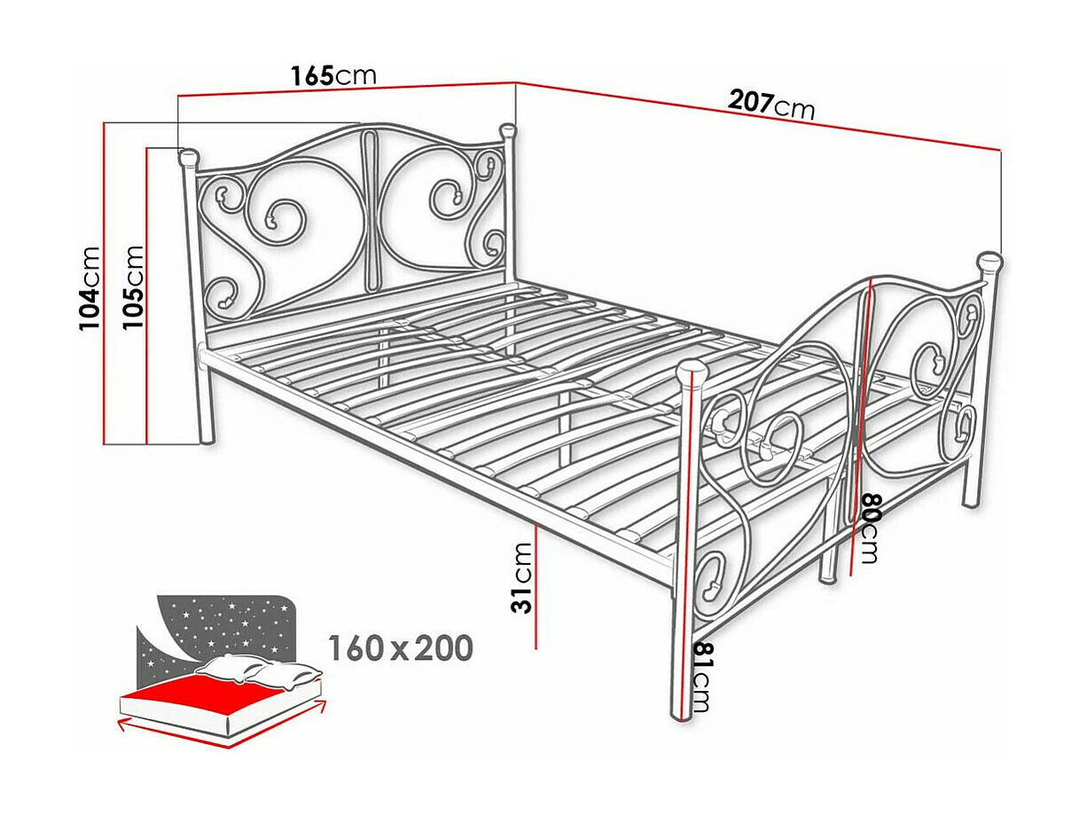 Cama Elmira 101, Doble, Negro, 160x200, Metal, Somieres, 165x207x104cm