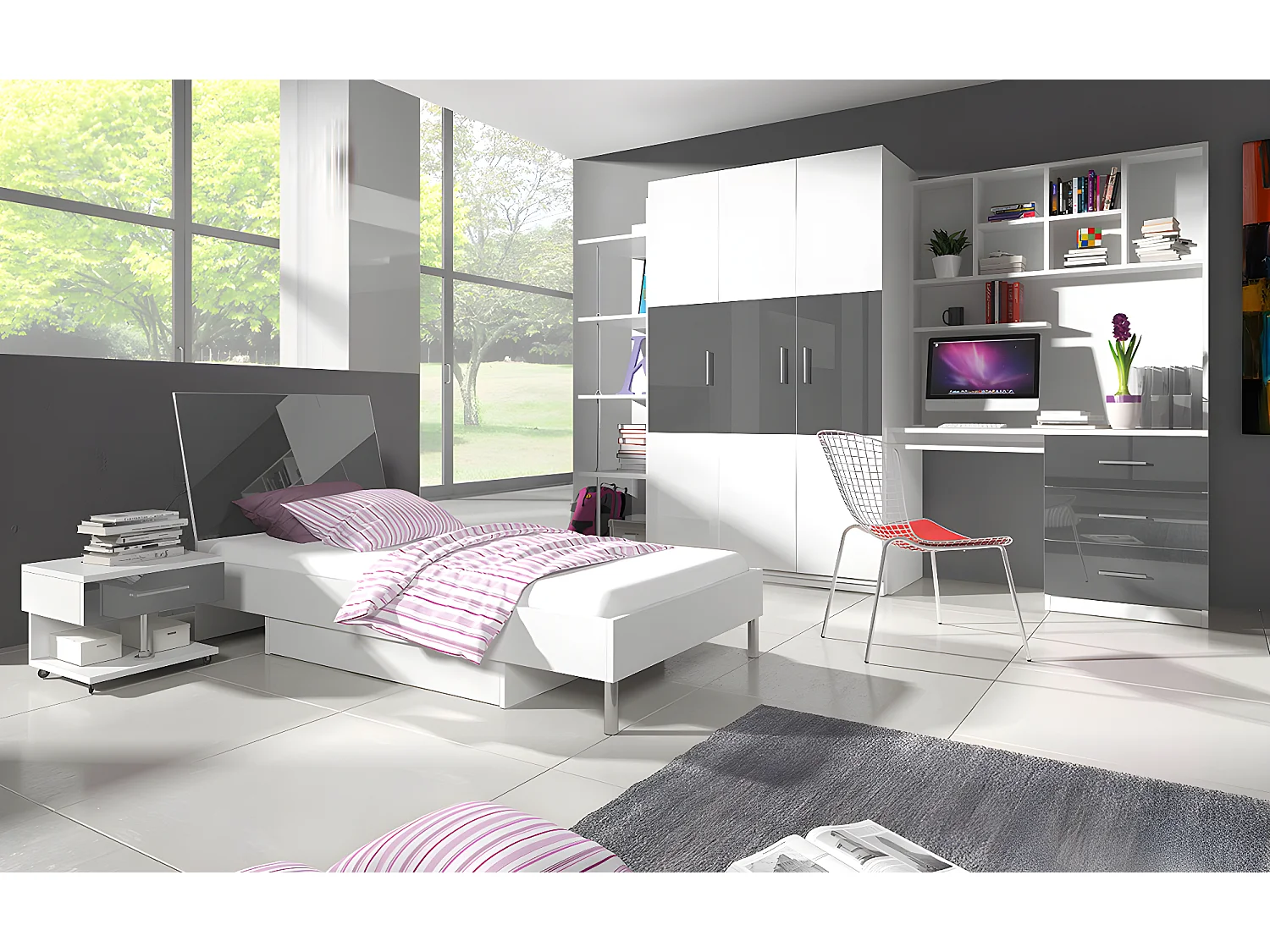 Lit Salmere 102, Unique, Gris, 90x200, MDF|Stratifié, 94x220x91cm