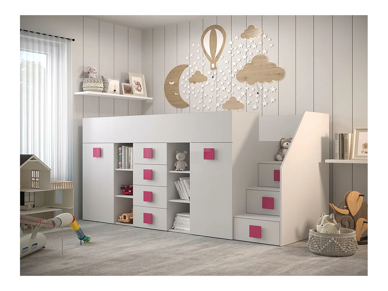 Letto alto Hartford 366, Singolo, Bianco, 90x200, Truciolare laminato, Reti a doghe, 94cm