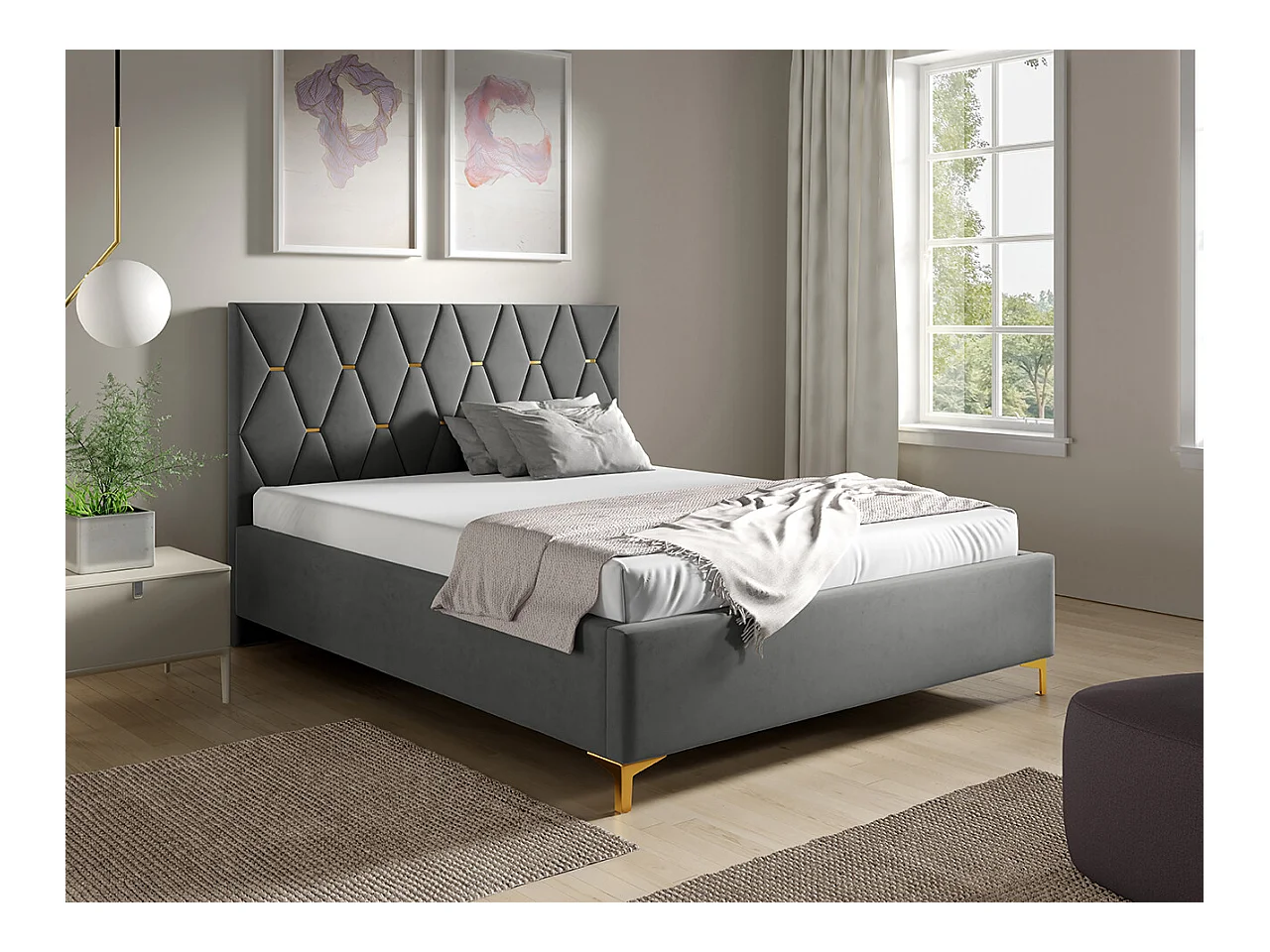 Cama Baltimore 192, Doble, Gris, 140x200, Tapiz, Somieres, 158x222x122cm