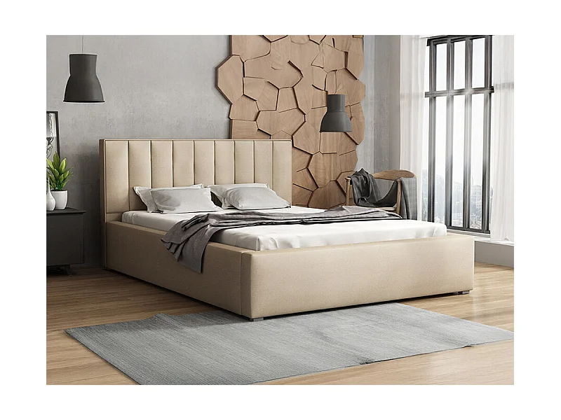 Cama Pomona 111, Solteiro, Castanho claro, Tecido, Estrados de cama