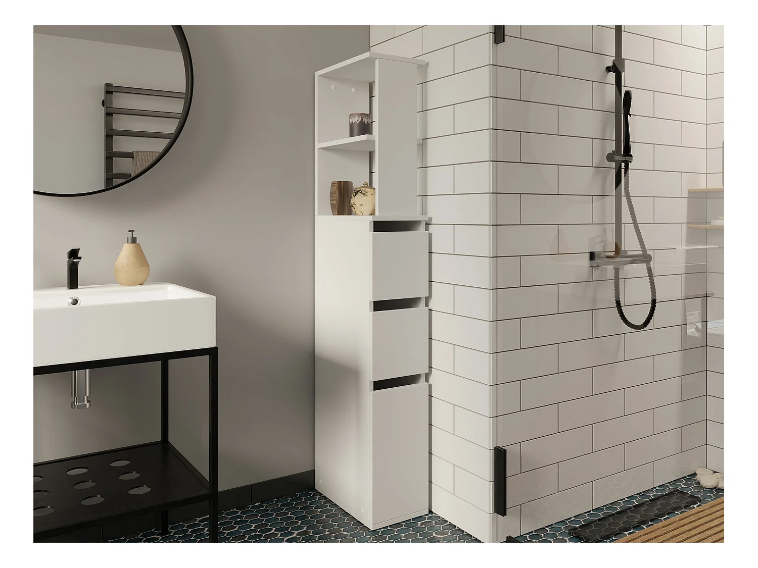Armoire de bain indépendante Comfivo 384, Blanc, À poser, Le nombre de portes: 1, 136cm