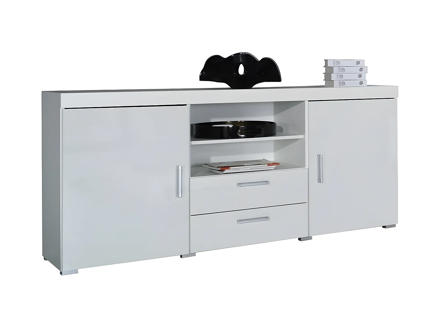 Commode Odebeli 105, Blanc|Blanc brillant, Avec tiroirs et portes, Nombre de tiroirs: 2,