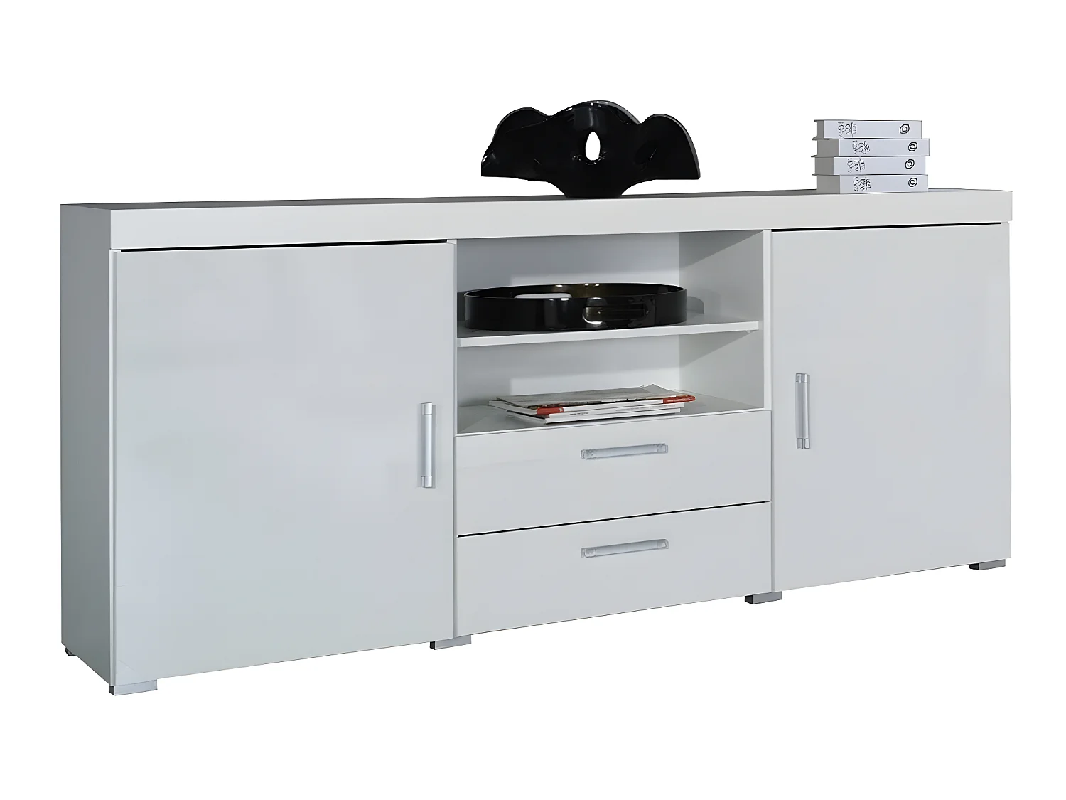 Commode Odebeli 105, Blanc|Blanc brillant, Tiroirs et portes, Nombre de tiroirs: 2, 80cm