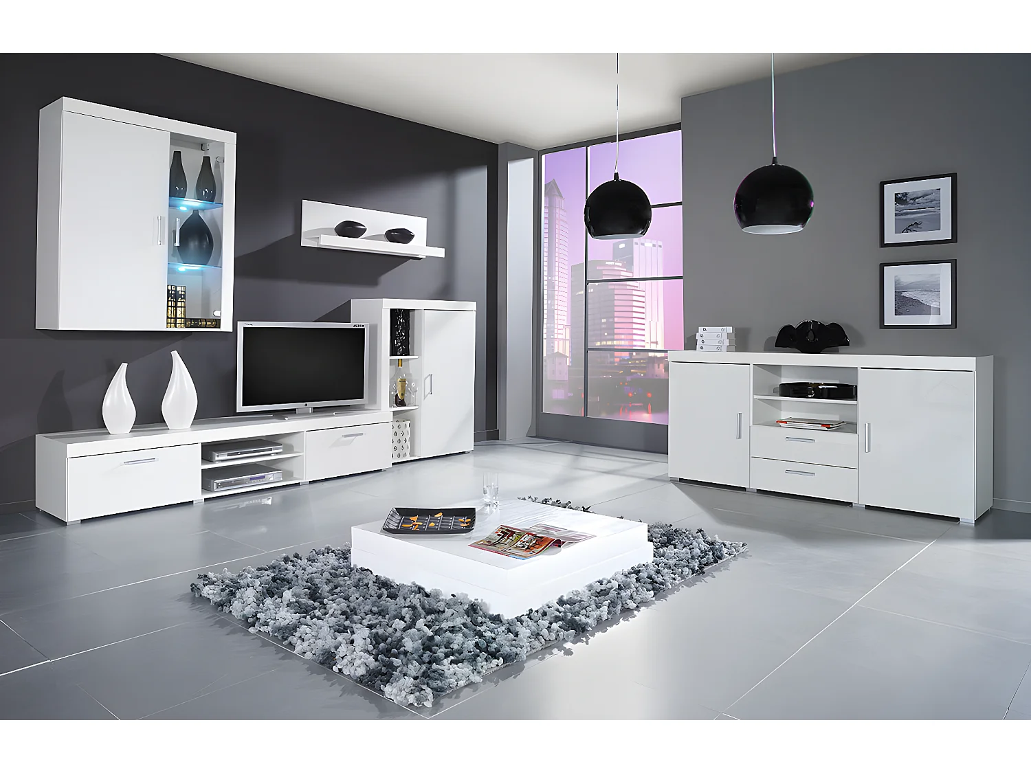 Commode Odebeli 105, Blanc|Blanc brillant, Tiroirs et portes, Nombre de tiroirs: 2, 80cm