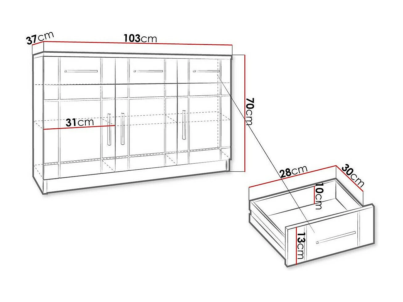Cómoda Tucson 145, Roble Sonoma, Con cajones y puertas, Número de cajones: 3, 70x103x37cm