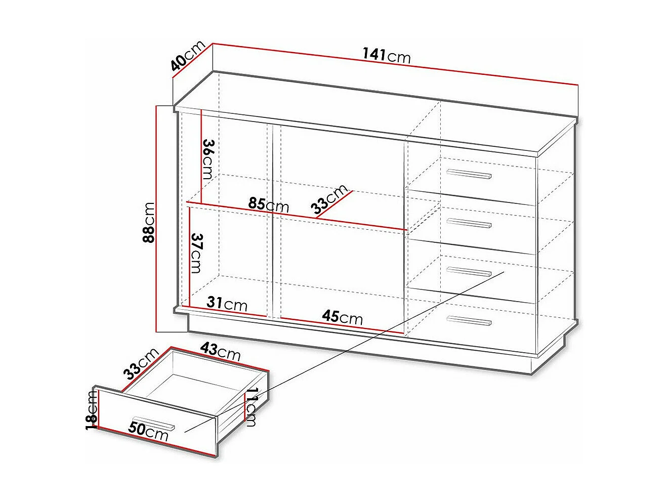 Commode Tenodeu 105, Chêne wotan|Noir, Avec tiroirs et portes, Nombre de tiroirs: 4, 88cm