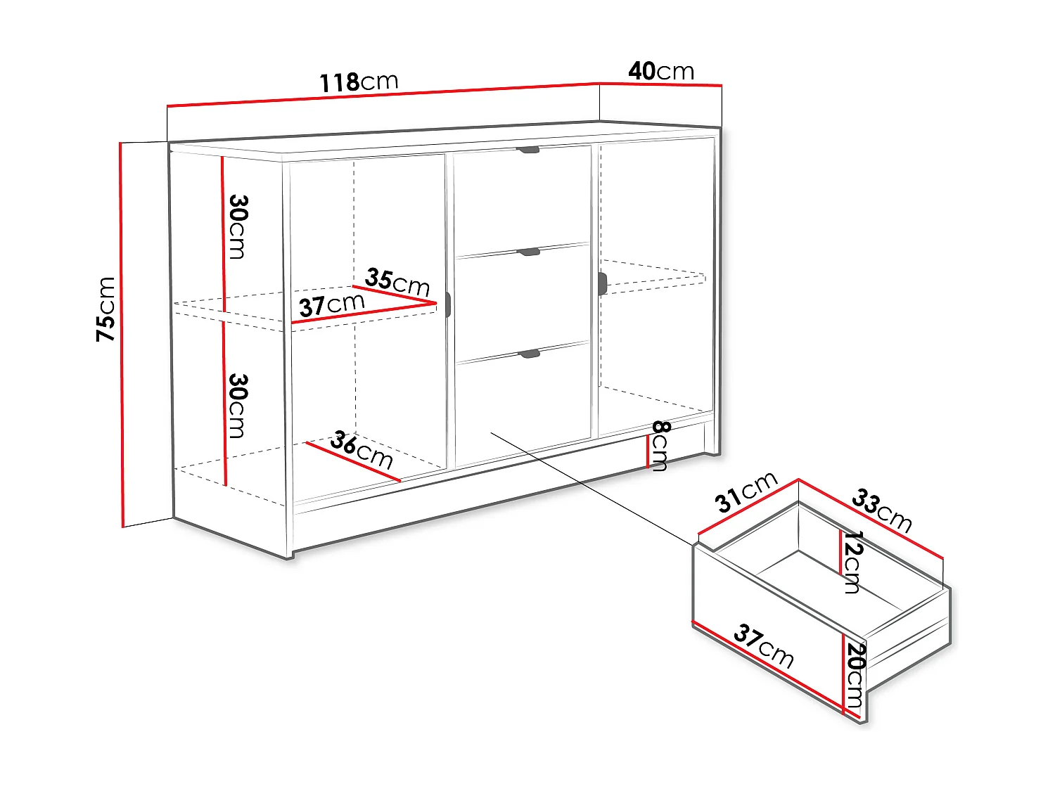 Cómoda Comfivo Larmire 101, Blanco, Con cajones y puertas, 75x118x40cm