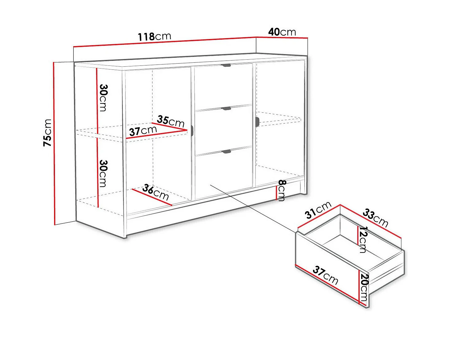 Cómoda Comfivo Larmire 101, Blanco, Con cajones y puertas, 75x118x40cm