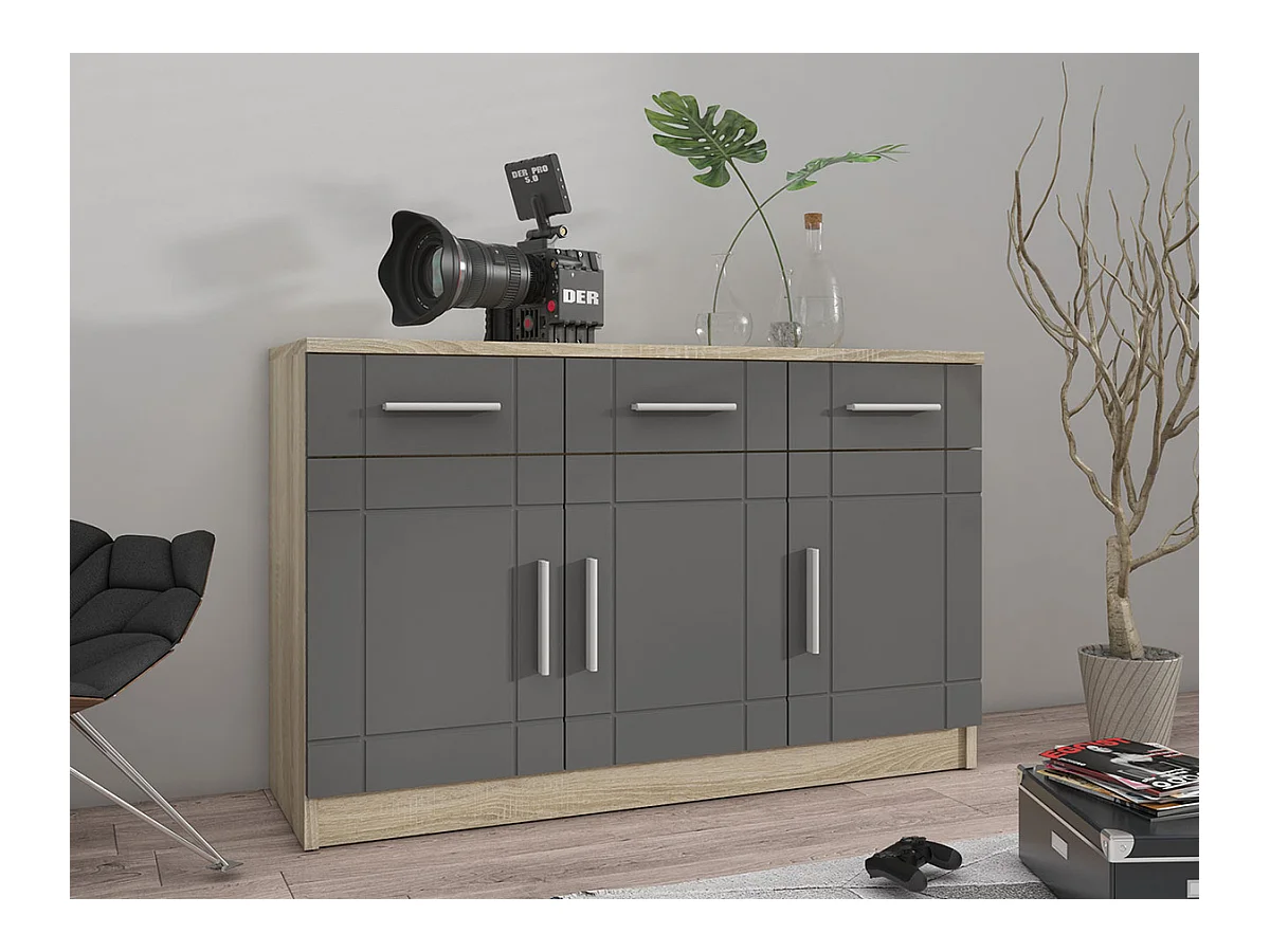 Commode Tucson 145, Graphite|Sonoma chêne, Avec tiroirs et portes, Nombre de tiroirs: 3,