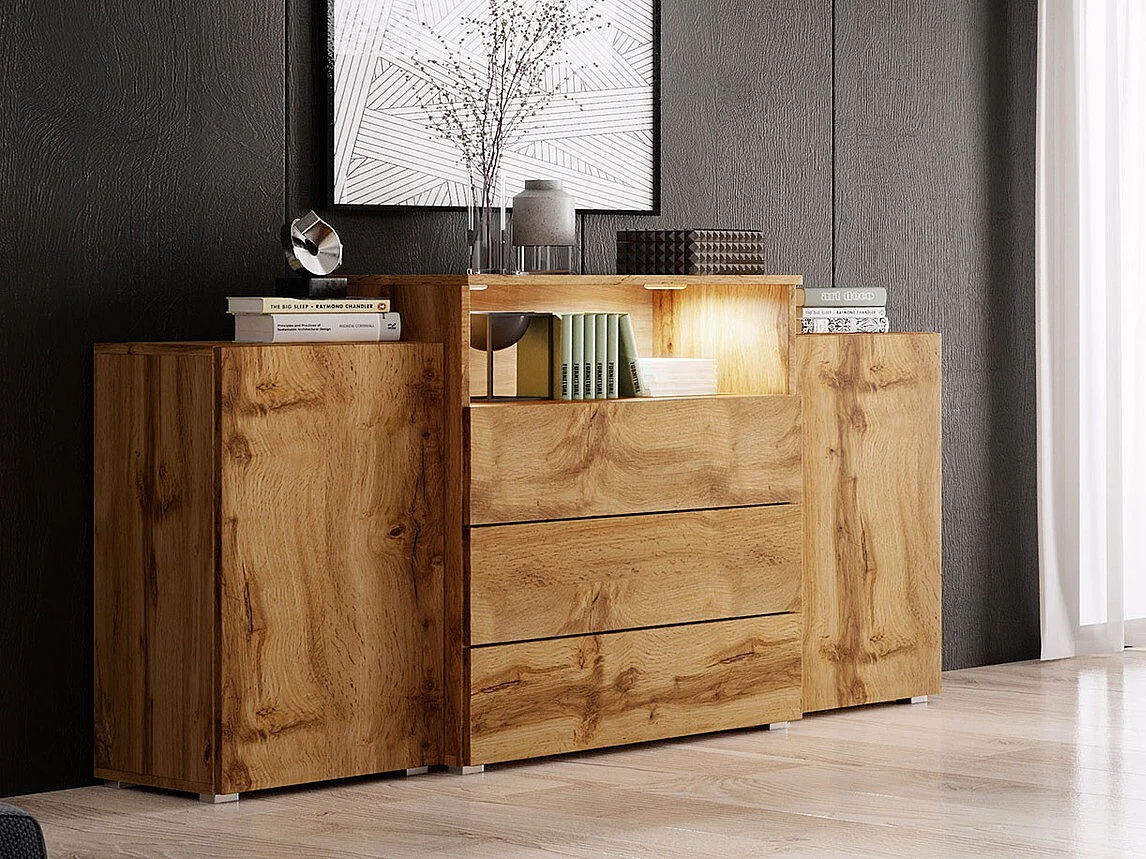 Commode Sarasota 127, Chêne wotan, Avec tiroirs et portes, Nombre de tiroirs: 3, 81x150cm