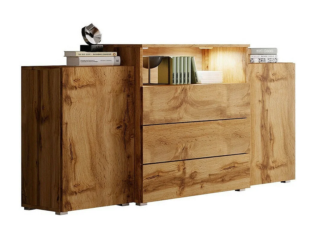 Cómoda Sarasota 127, Roble wotan, Con cajones y puertas, Número de cajones: 3, 81x150cm