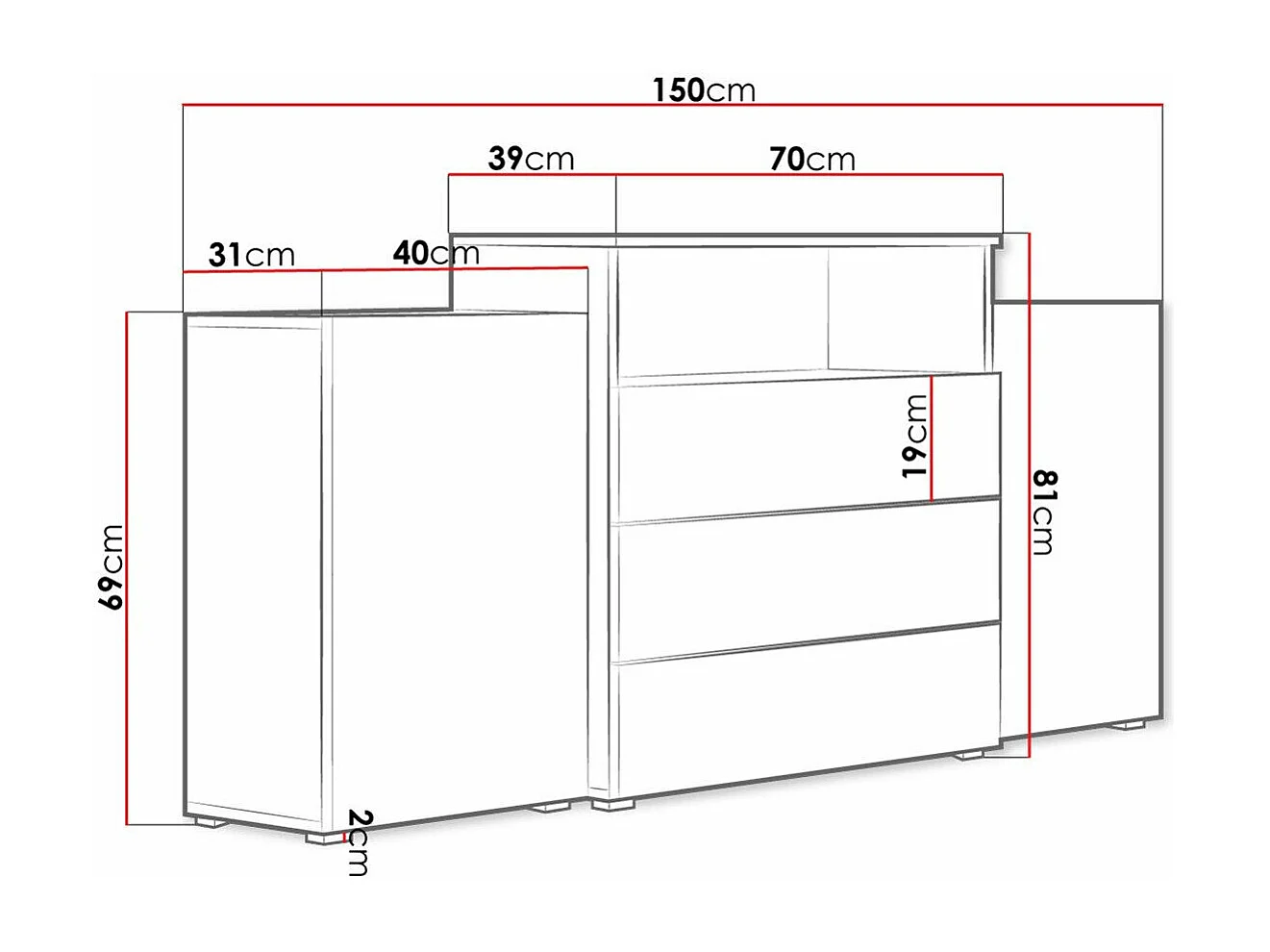 Cómoda Sarasota 127, Roble wotan, Con cajones y puertas, Número de cajones: 3, 81x150cm