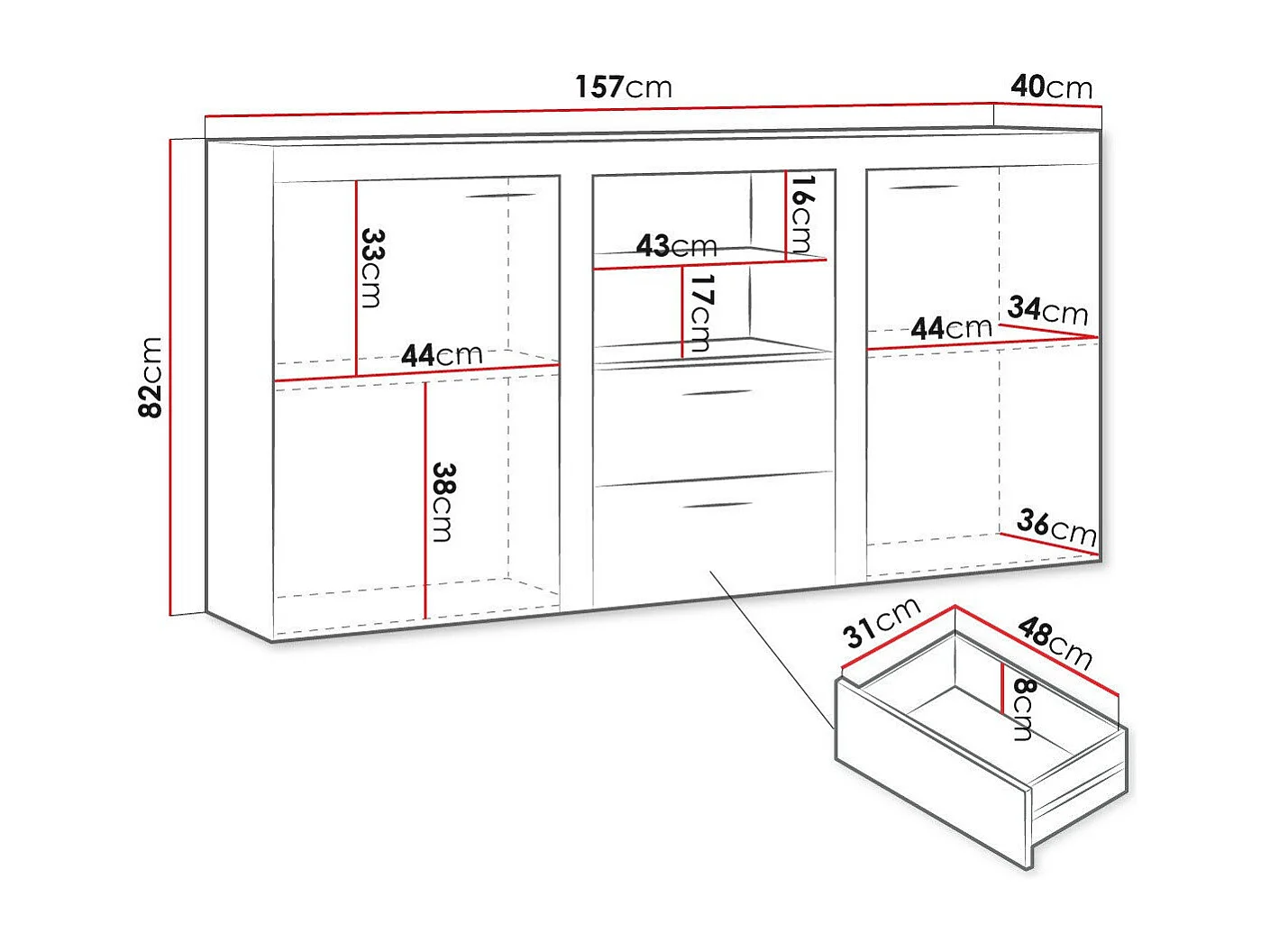 Cómoda Tucson 104, Com gavetas e portas, Número de gavetas: 2