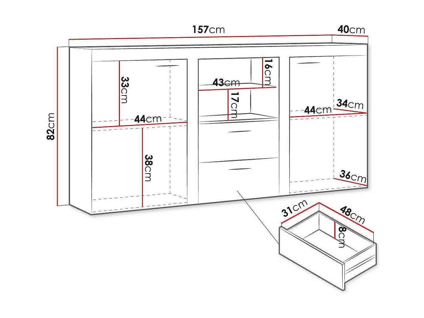 Cómoda Tucson 104, Com gavetas e portas, Número de gavetas: 2