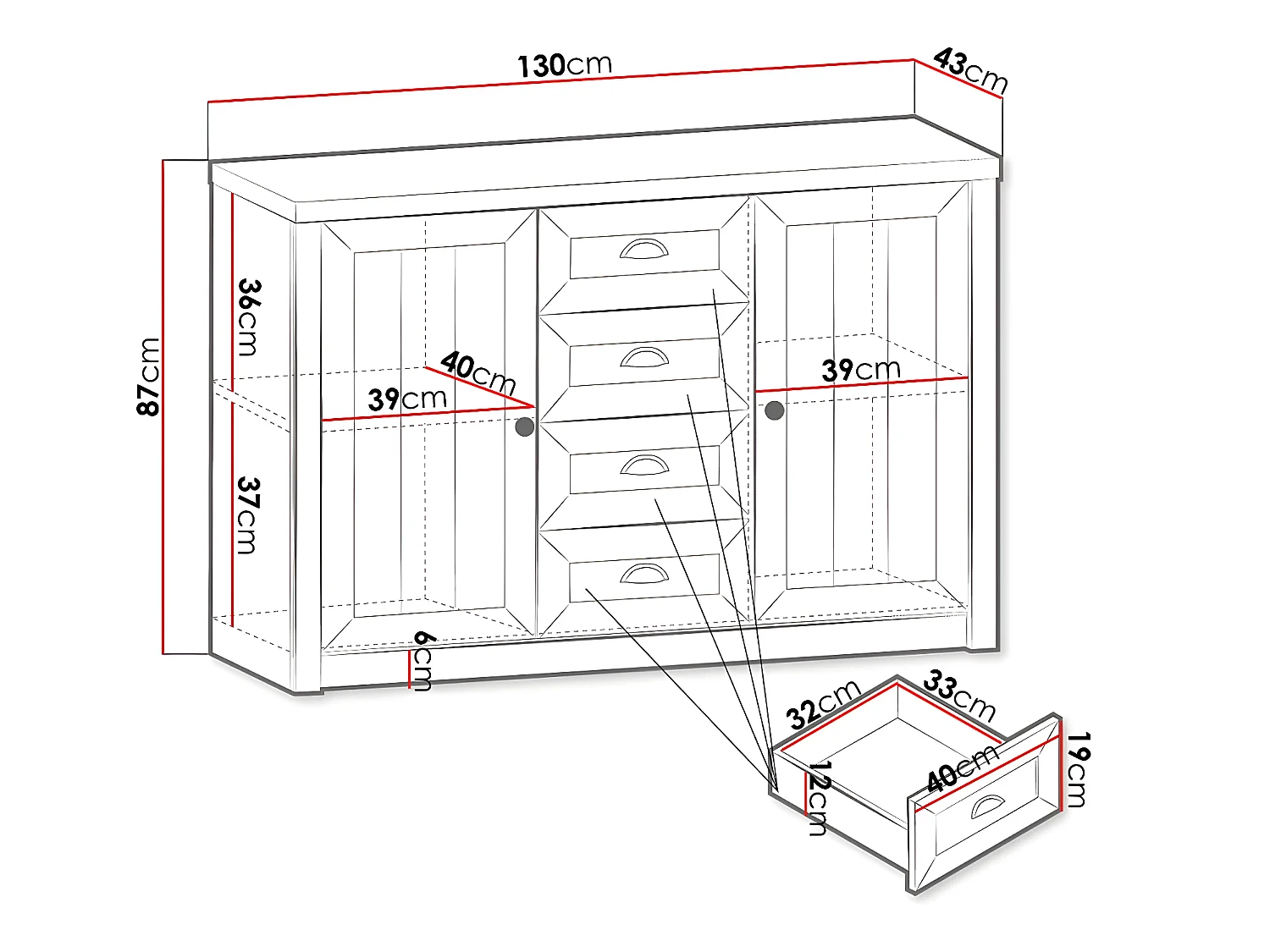 Commode Ferdore 102, Pin Anderson|Chêne de Lefkas, Tiroirs et portes, 87x130x43cm