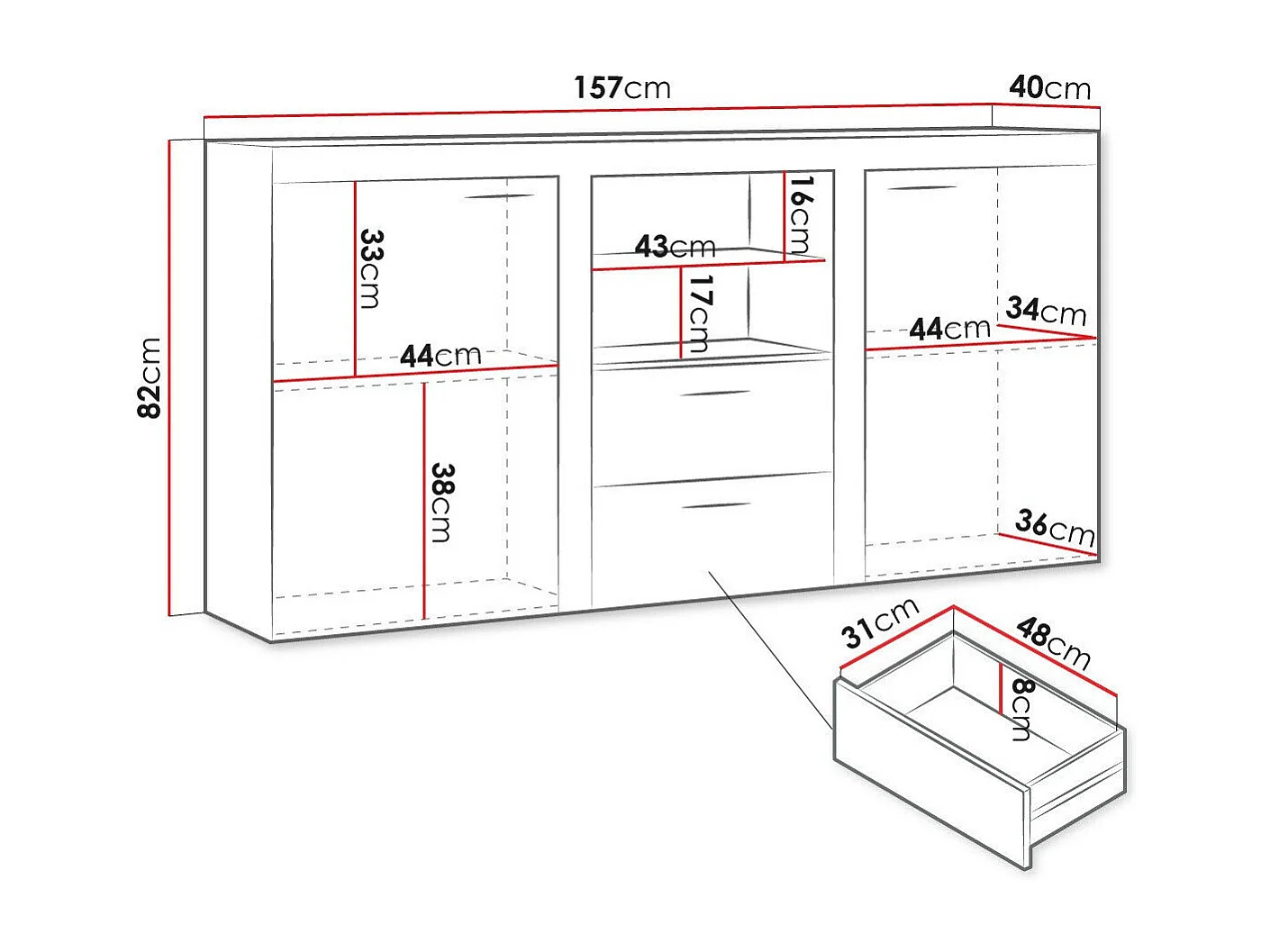 Cómoda Tucson 104, Com gavetas e portas, Número de gavetas: 2