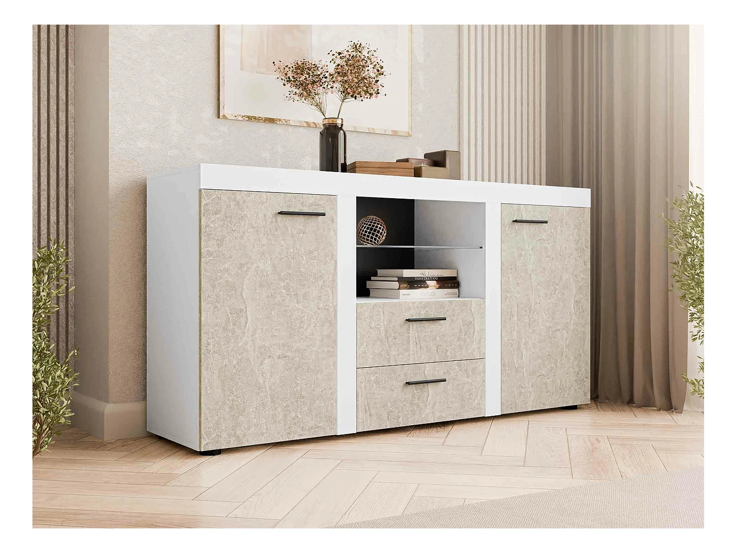 Commode Tucson 104, Béton|Blanc, Avec tiroirs et portes, Nombre de tiroirs: 2, 82x157cm